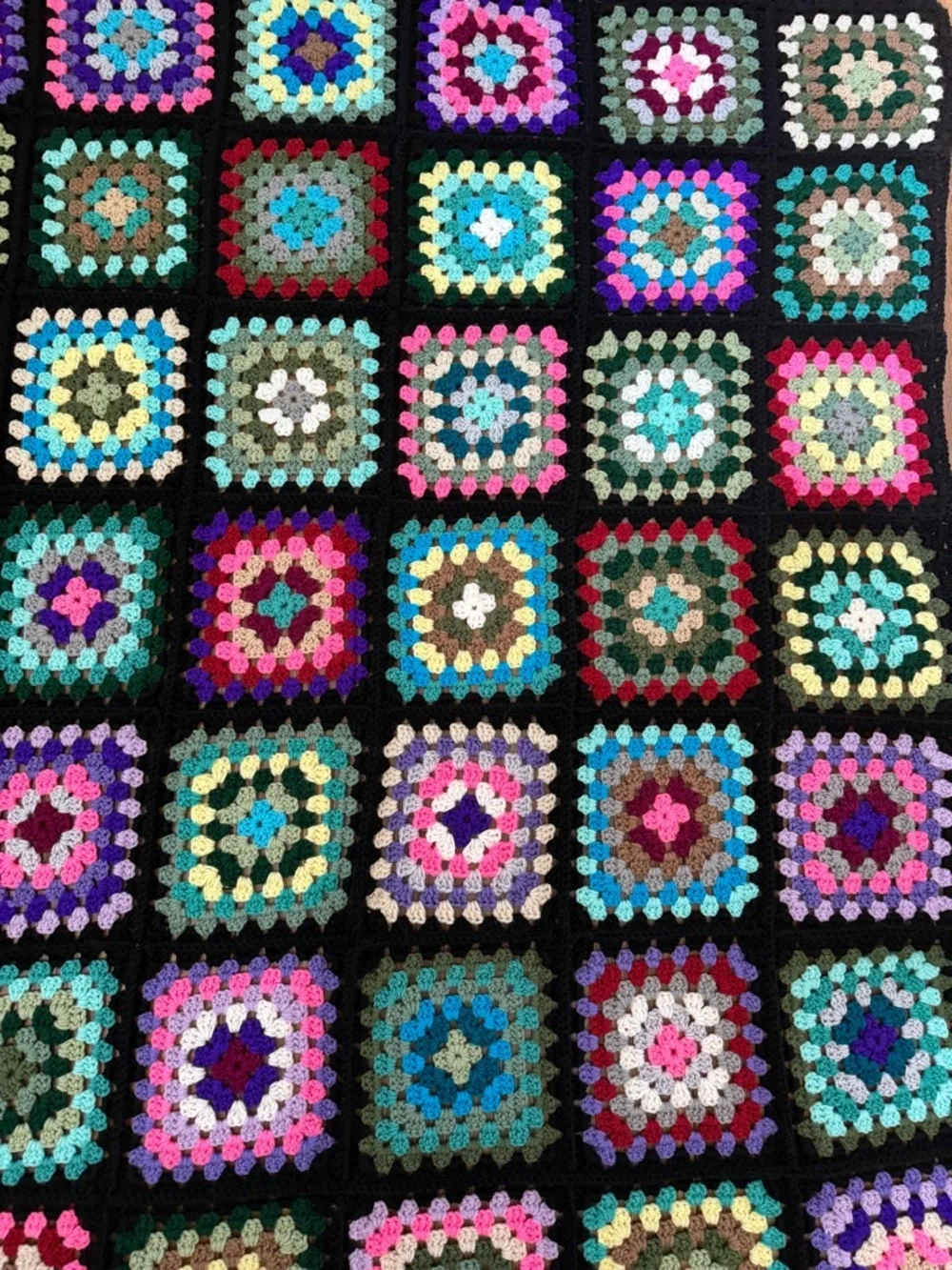 Handmade Vintage Style Black Trim Granny Square Afghan Roseanne Couch Blanket